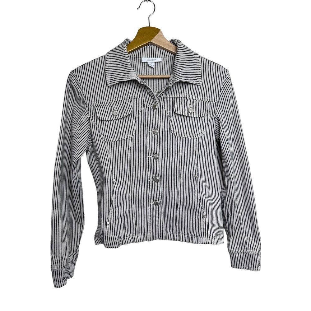 DressBarn Denim Jacket Womens Small Cream Black Striped Long Sleeve Button Up